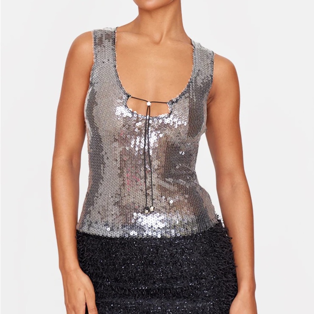 PrettyLittleThing Dark Grey Sequin Toggle Detail Long Top